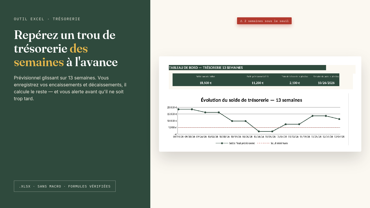 Couverture du modèle Excel Trésorerie prévisionnelle — 13 semaines